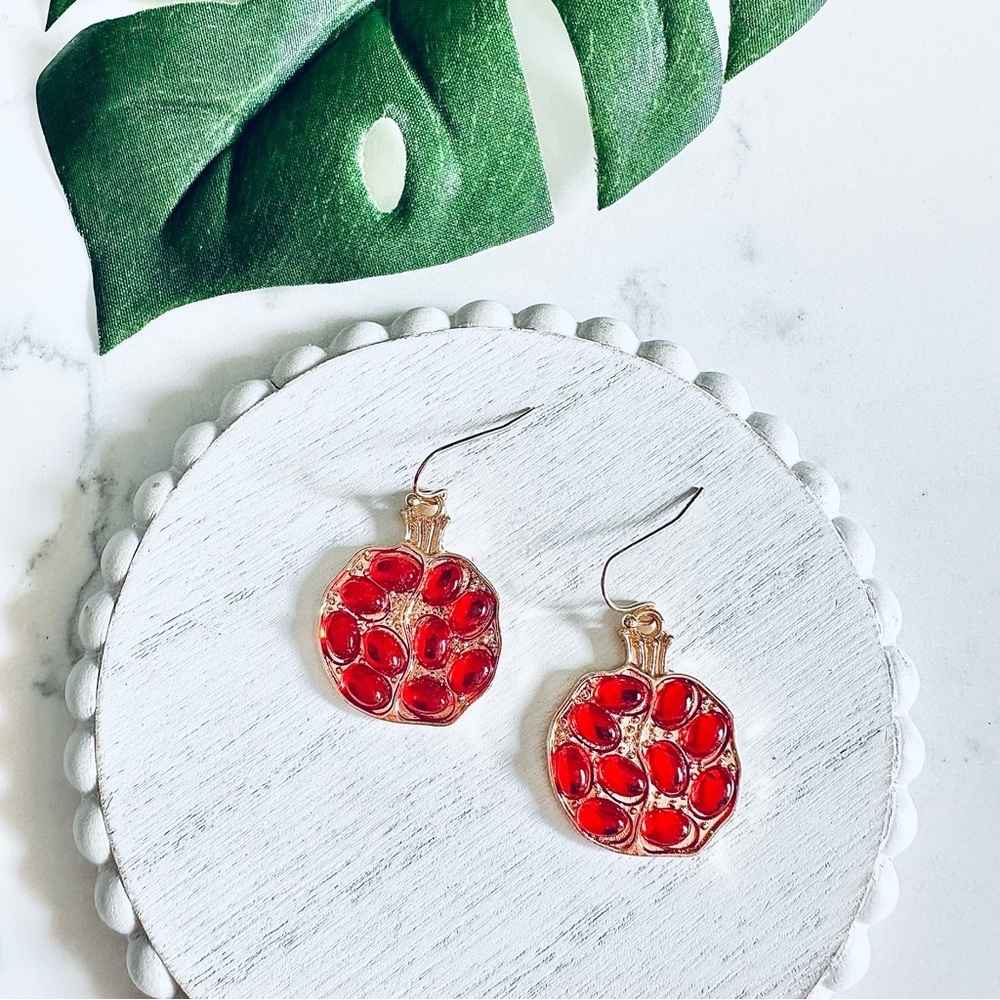 2/$30🌵 Pomegranate Gold Fruit Red Seed Earrings Dangle Persephone Mythology